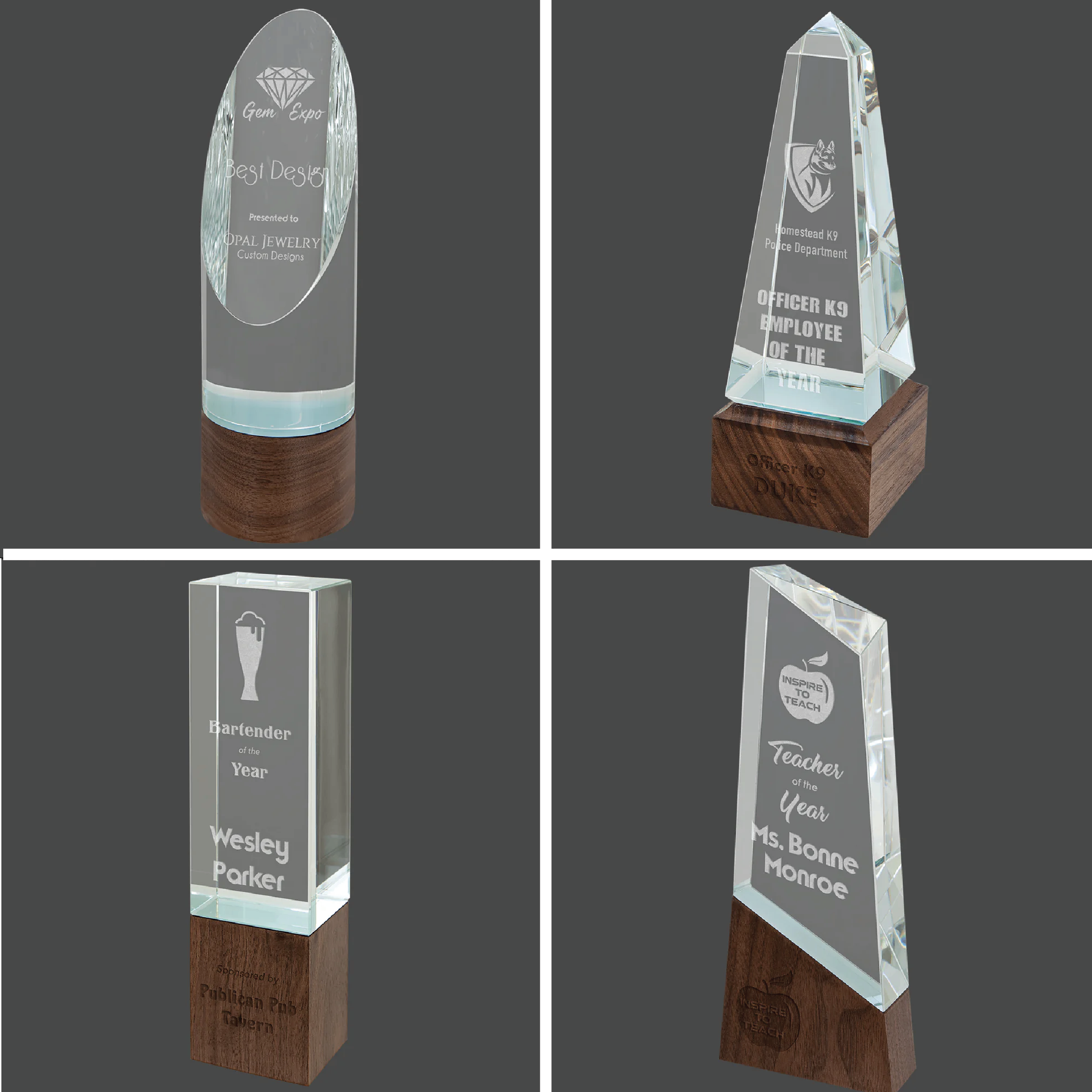 Sierra Glass Award with Walnut Base, 4 Styles, 2 Sizes, with Presentation Box