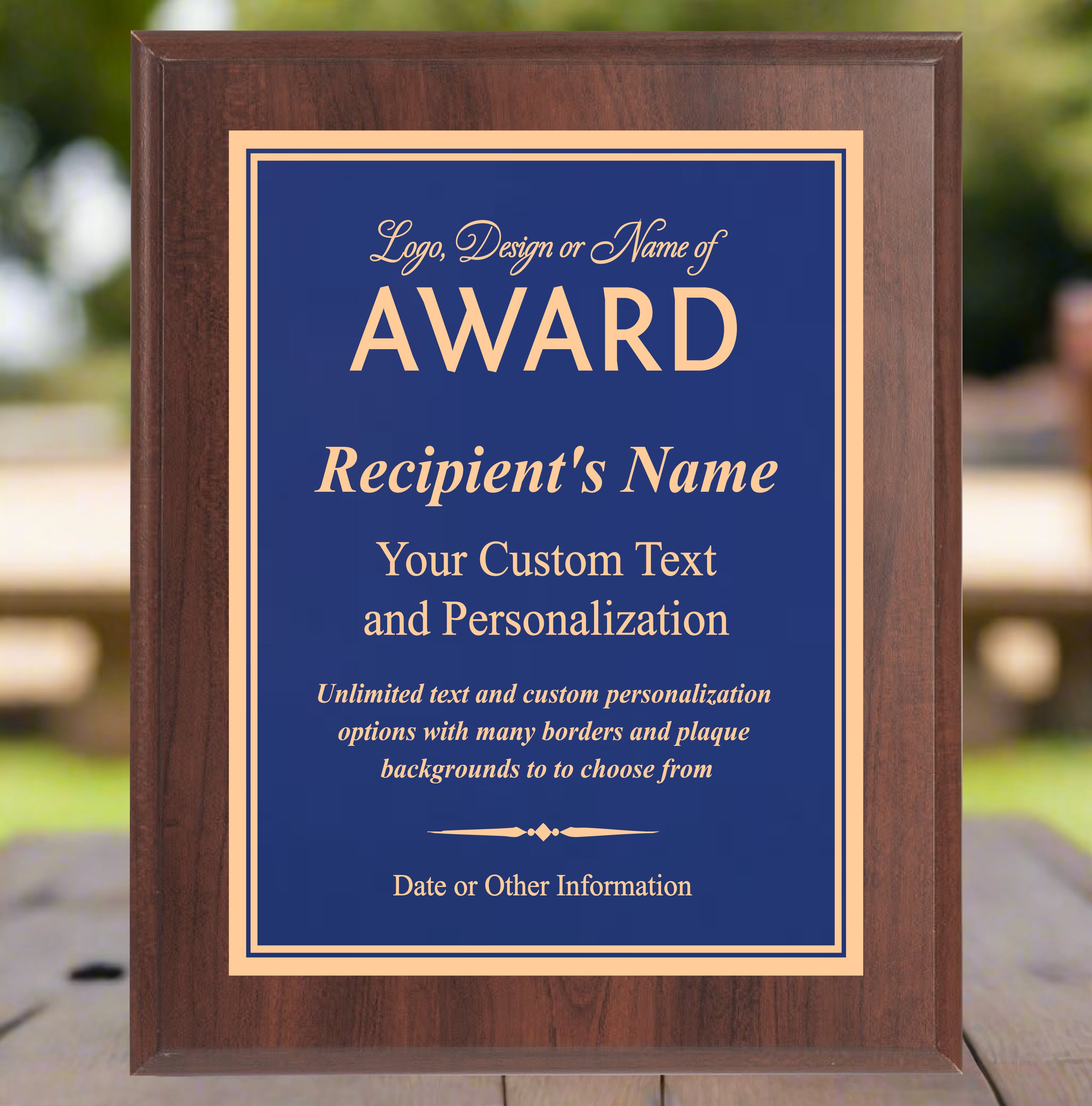 Economy Cherry Finish Plaque Award with Blue Plate, Engraves Gold, 2 Sizes