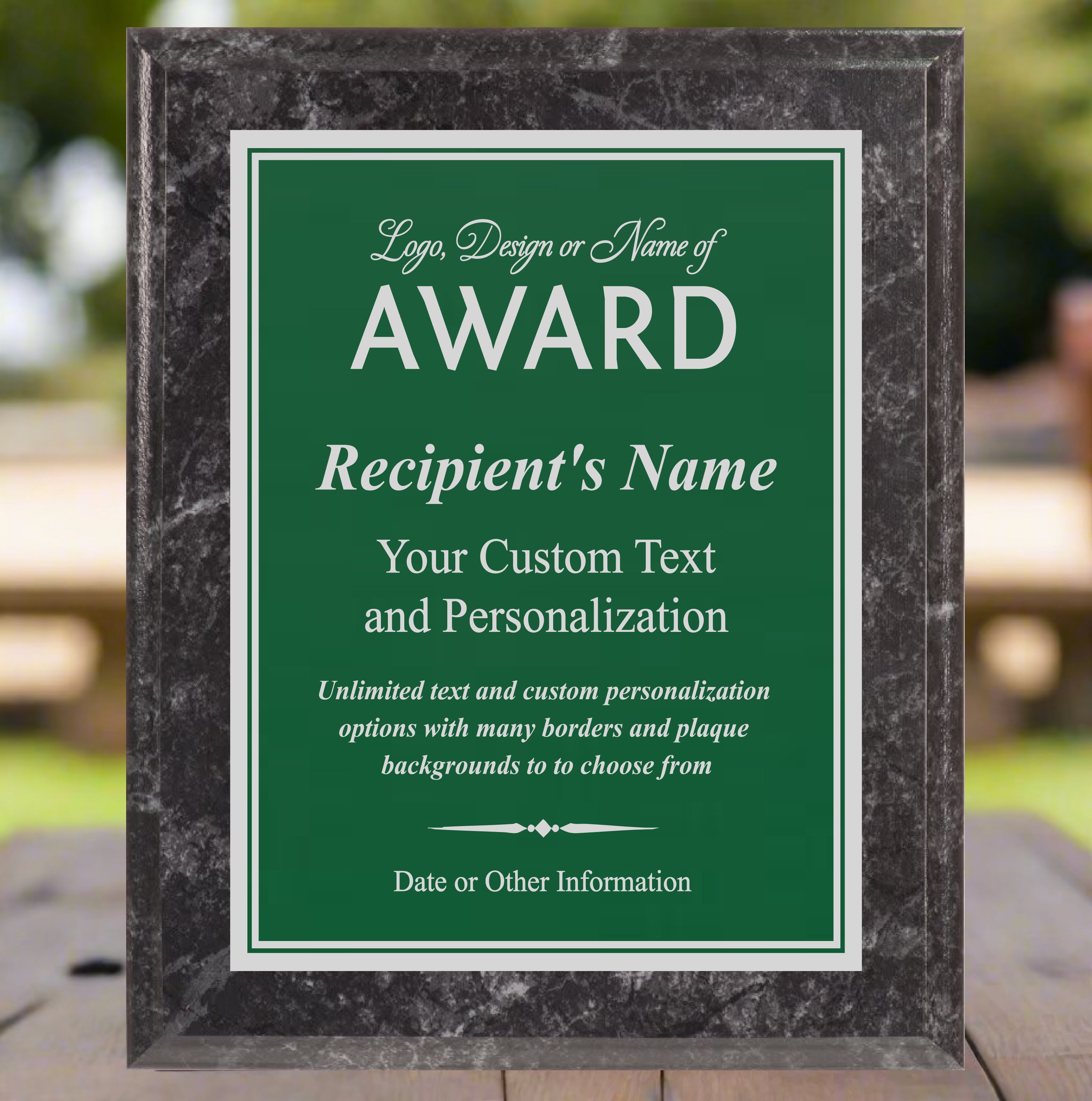 Economy Black Marble Finish Plaque Award with Green Plate, Engraves Silver, 2 Sizes