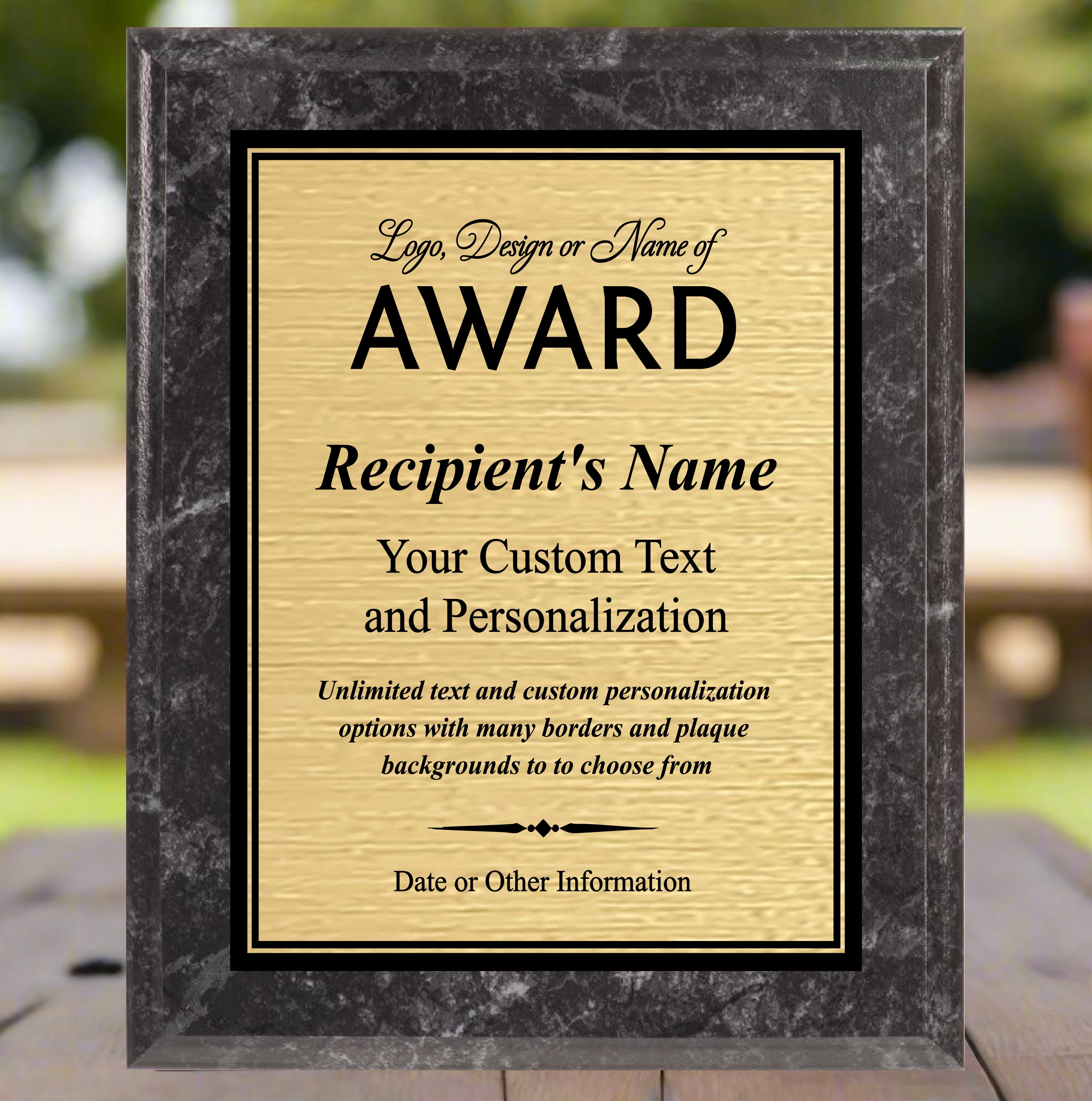 Economy Black Marble Finish Plaque Award with Gold Plate, Engraves Black, 2 Sizes