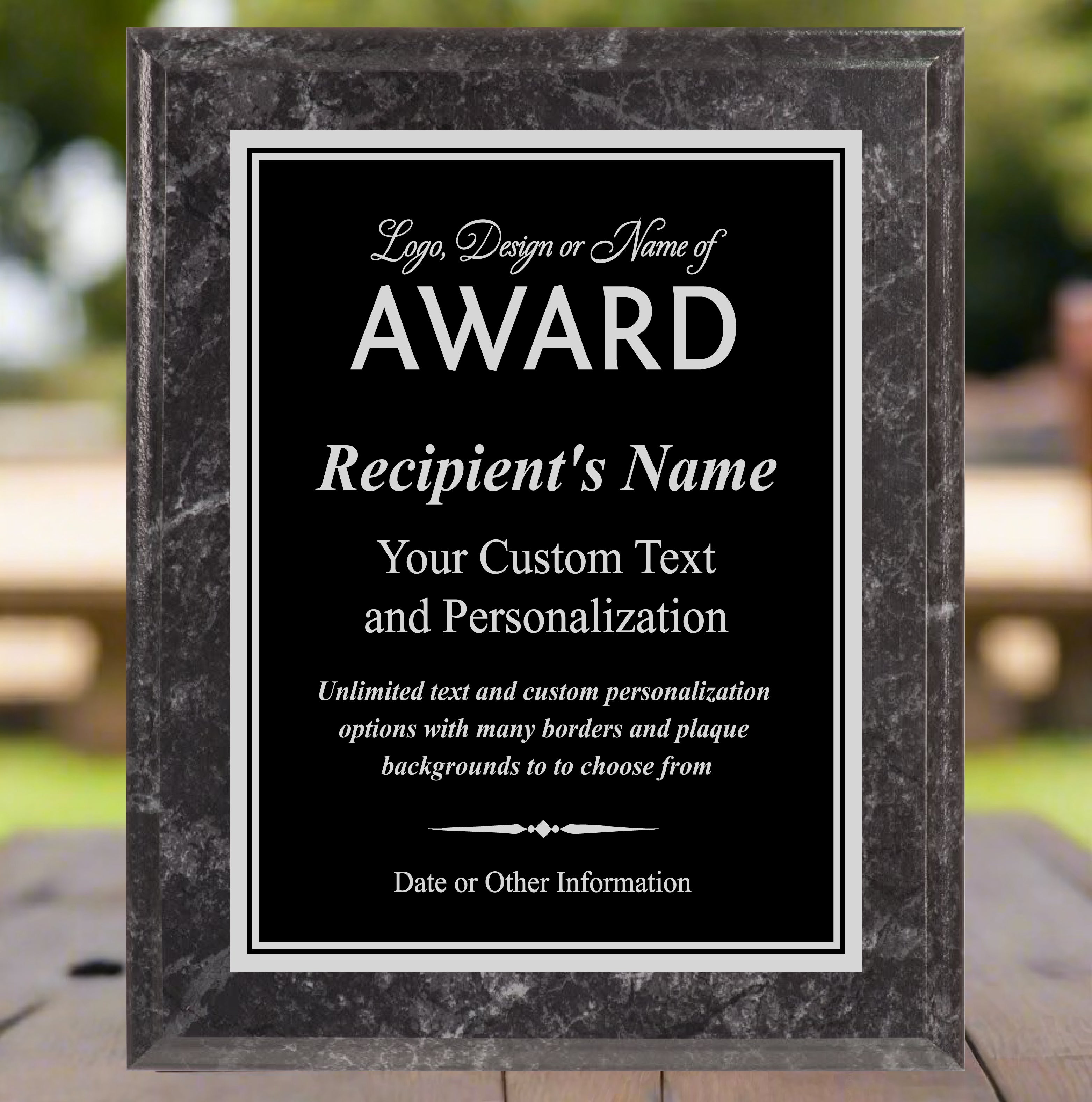 Economy Black Marble Finish Plaque Award with Black Plate, Engraves Silver, 2 Sizes