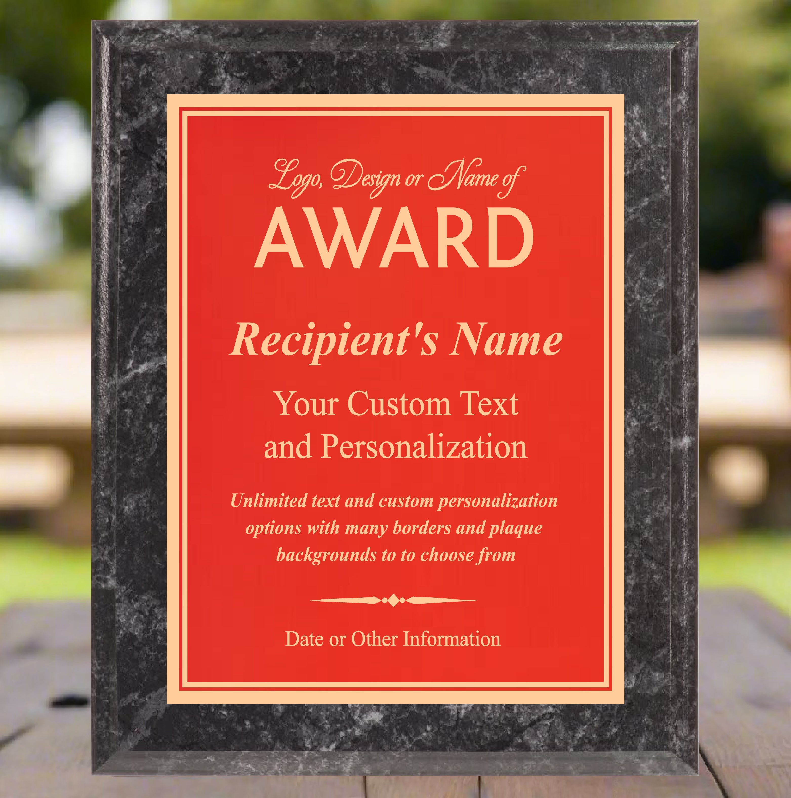 Economy Black Marble Finish Plaque Award with Red Plate, Engraves Gold, 2 Sizes