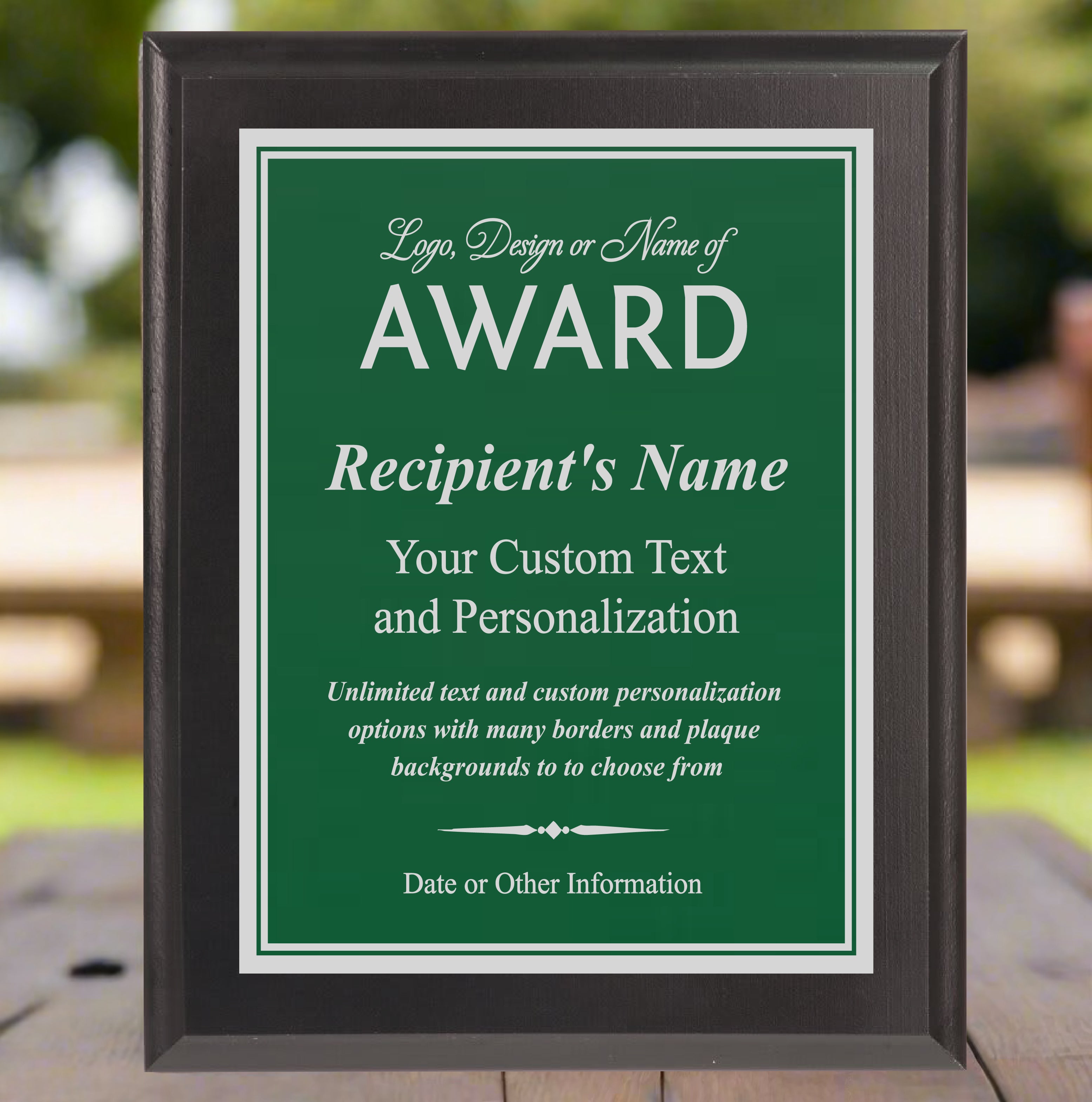 Economy Black Finish Plaque Award with Green Plate, Engraves Silver, 2 Sizes