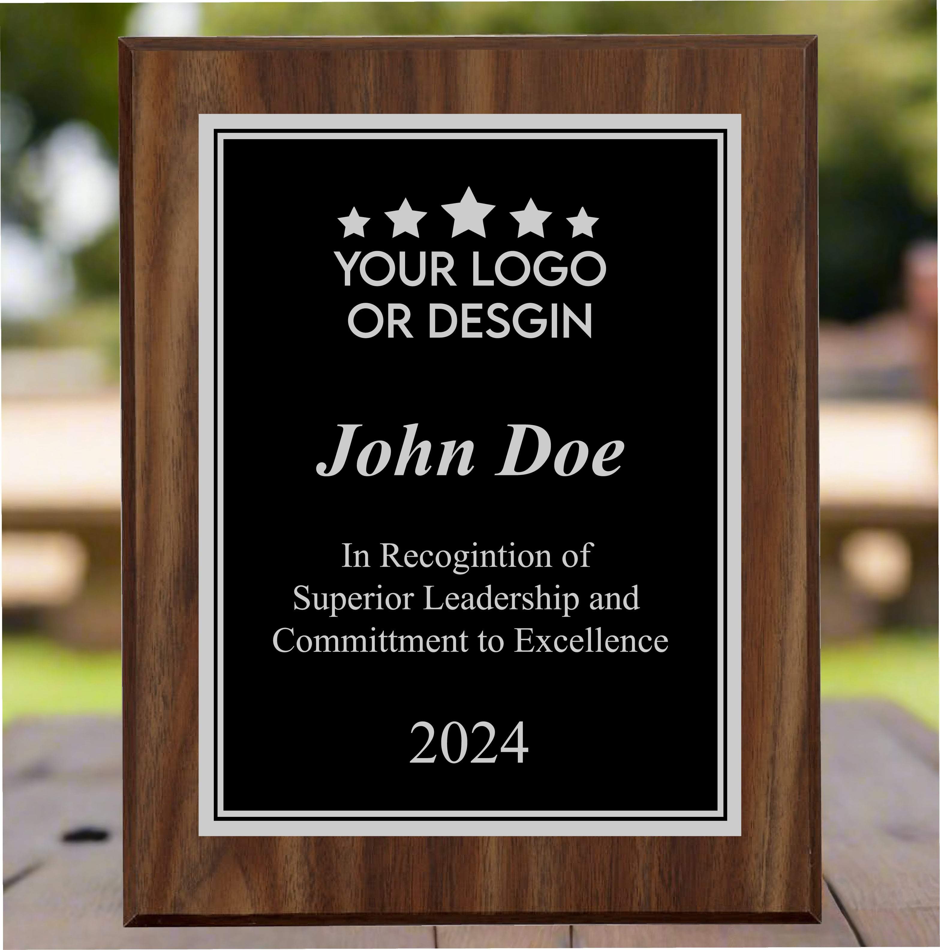 Economy Rounded Bevel Edge Walnut Finish Plaque with Front Plate Color Options and 4 Border Options, 2 Sizes