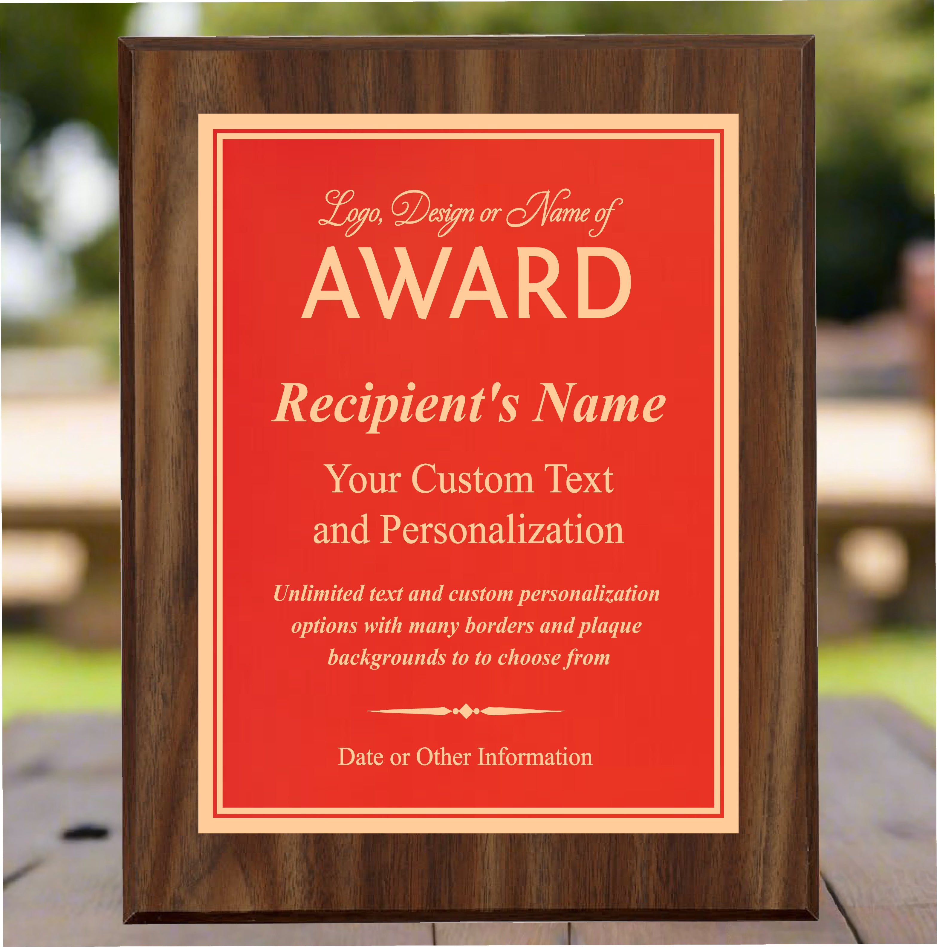 Economy Walnut Finish Plaque Award with Red Plate, Engraves Gold, 2 Sizes