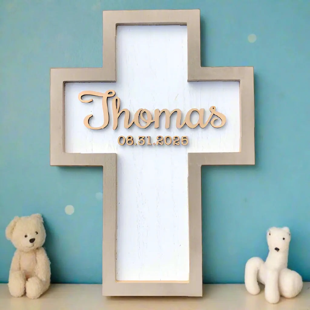 Personalized Wooden Wall Cross with Name and Date – Rustic Baby or Wed