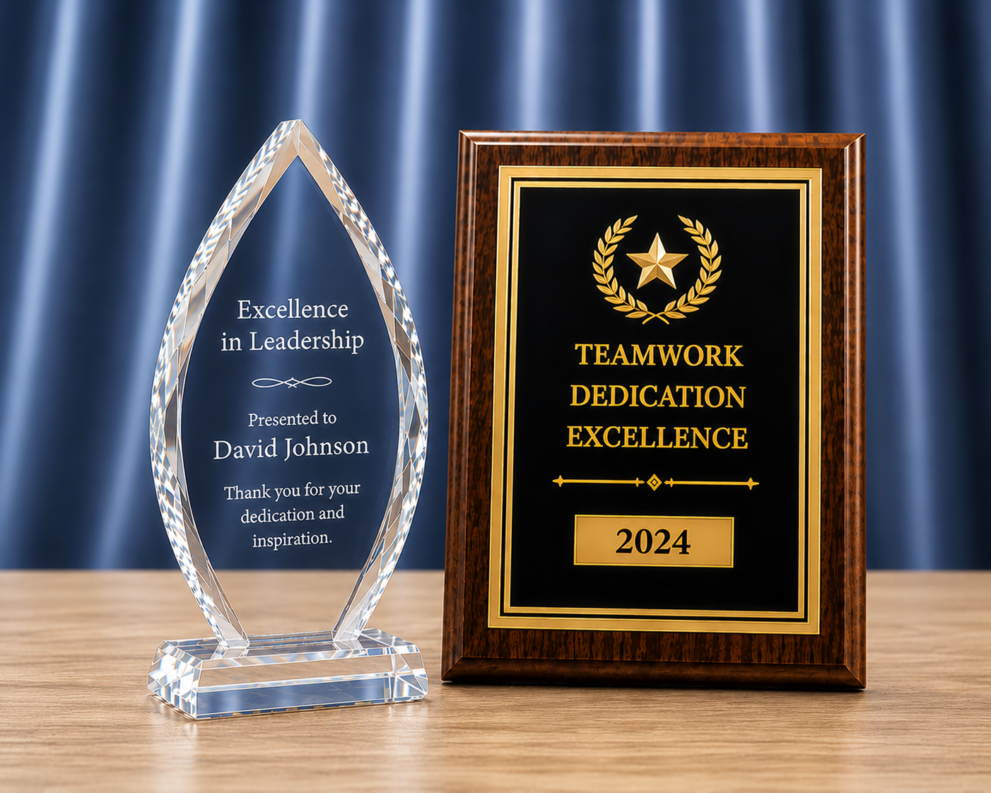 Custom engraved walnut plaque and crystal glass award displayed on a wood tabletop with a blue backdrop, representing professional awards and recognition for businesses, schools, organizations, and employee appreciation.