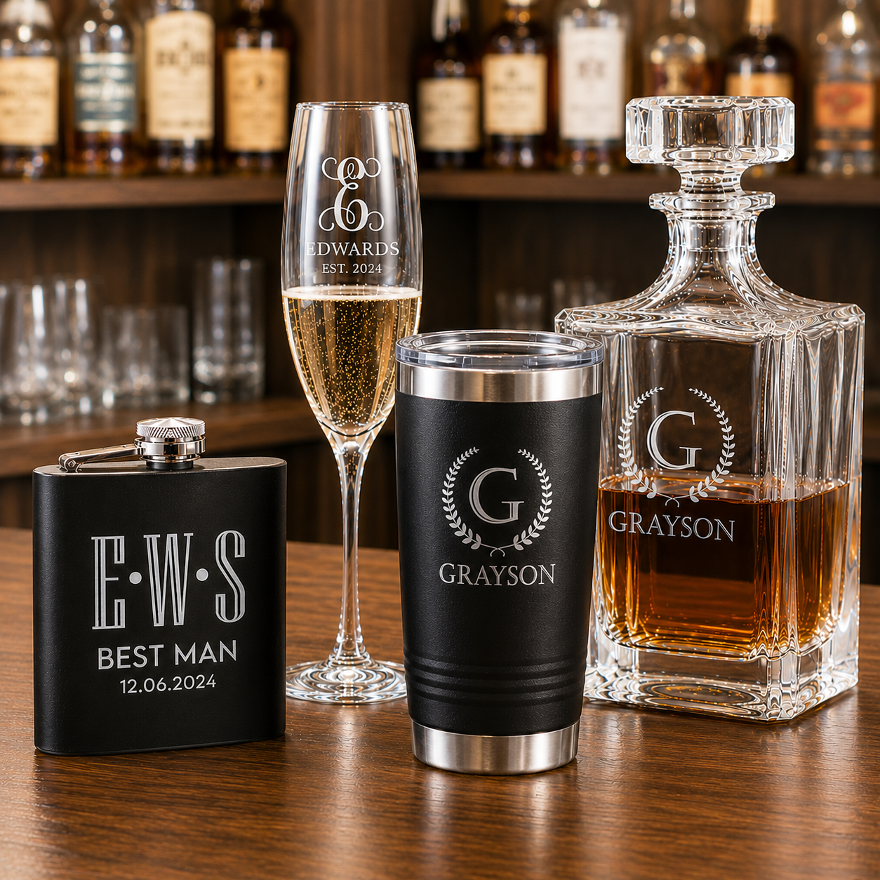 Collection image featuring a custom engraved tumbler, whiskey decanter, champagne flute, and hip flask displayed on a wooden bar, representing personalized barware and drinkware gifts for weddings, groomsmen, anniversaries, and special occasions.