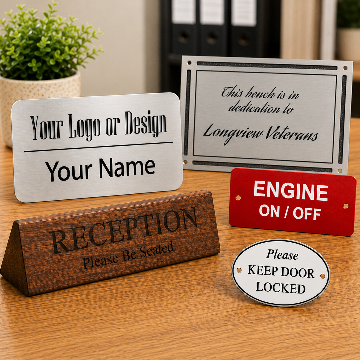 Collection image featuring custom business and office solutions including an engraved aluminum name badge, engraved aluminum plaque, wooden reception desk wedge, and personalized plastic office signs for businesses, offices, schools, and organizations.