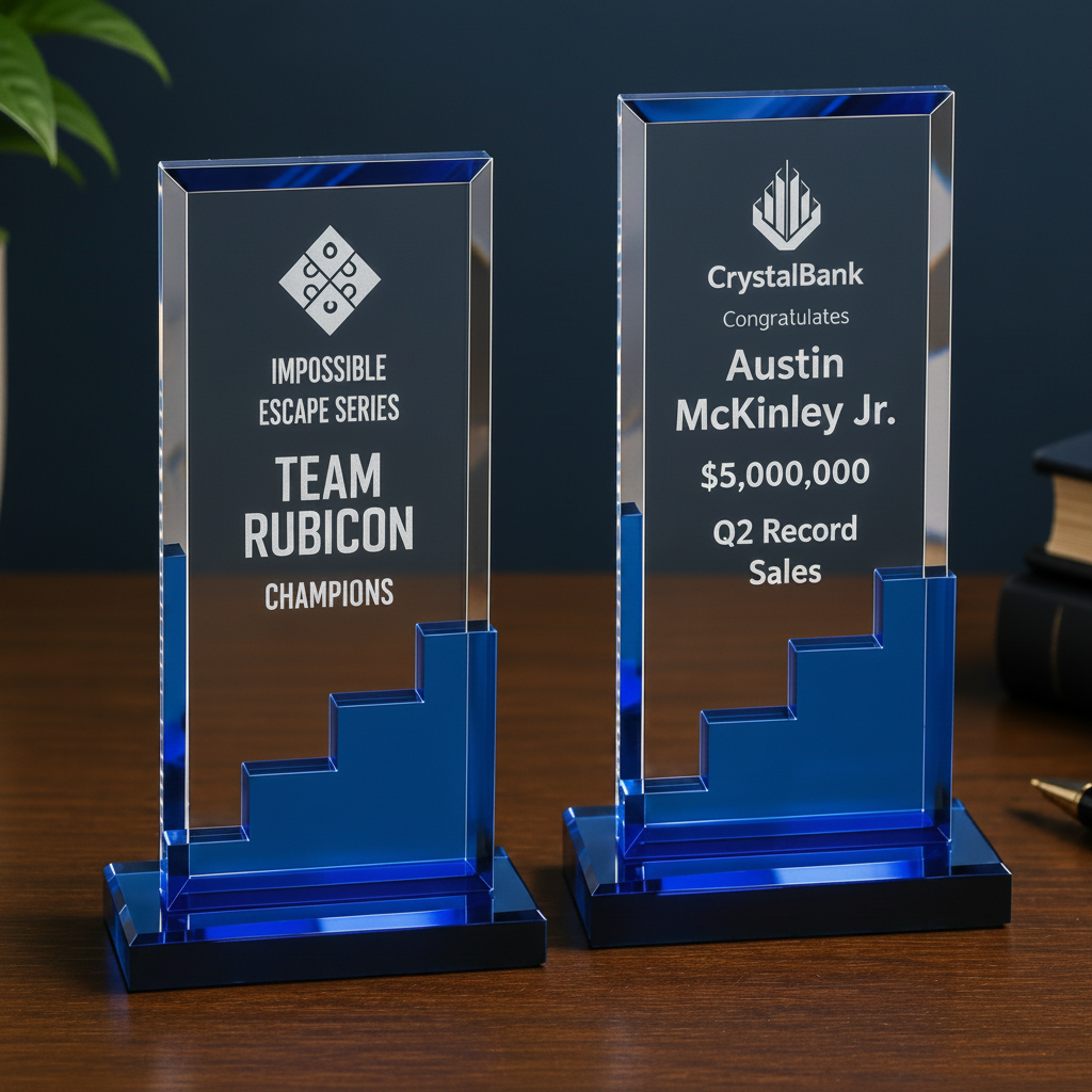 Personalized Crystal Blue Staircase Award | Custom Engraved Recognition Award  Sams Engraving and Gifts