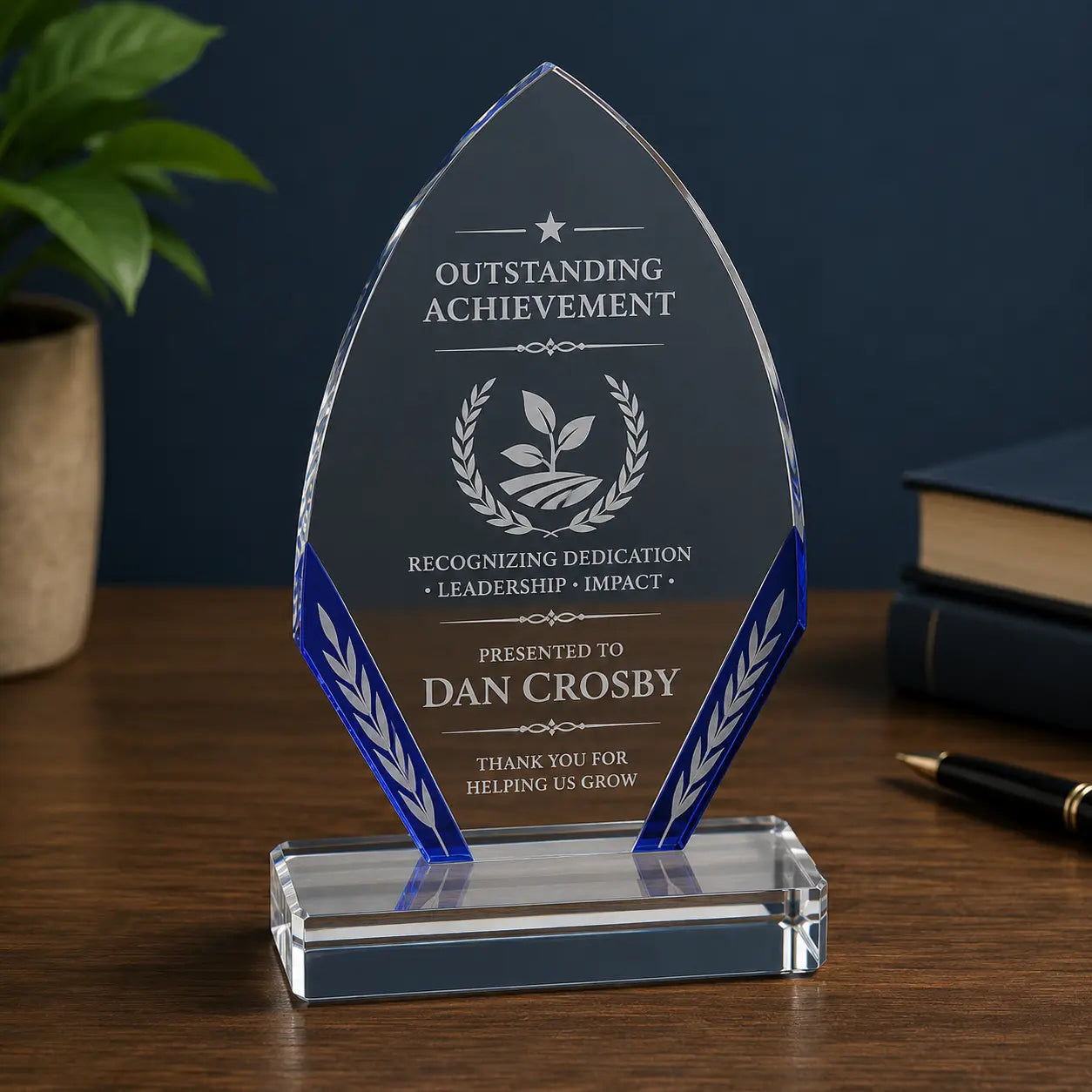 Personalized Blue Diamond Edge Glass Award | Custom Engraved Recognition Award  Sams Engraving and Gifts