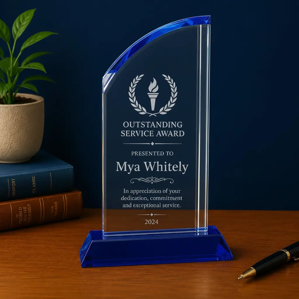 Personalized Crystal Arch Award with Blue Base | Custom Engraved Recognition Award  Sams Engraving and Gifts