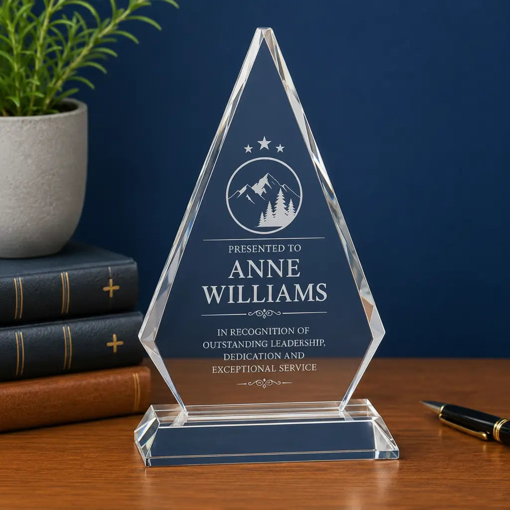 Personalized Crystal Triangle Award on Clear Pedestal Base | Custom Engraved Recognition Award  Sams Engraving and Gifts