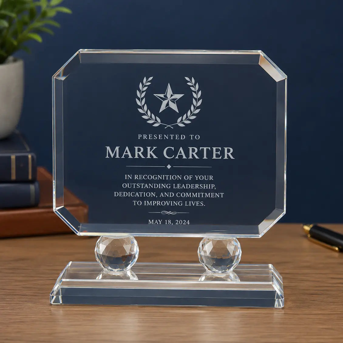 Personalized Rectangle Crystal Award on Clear Pedestal Base | Custom Engraved Recognition Award  Sams Engraving and Gifts