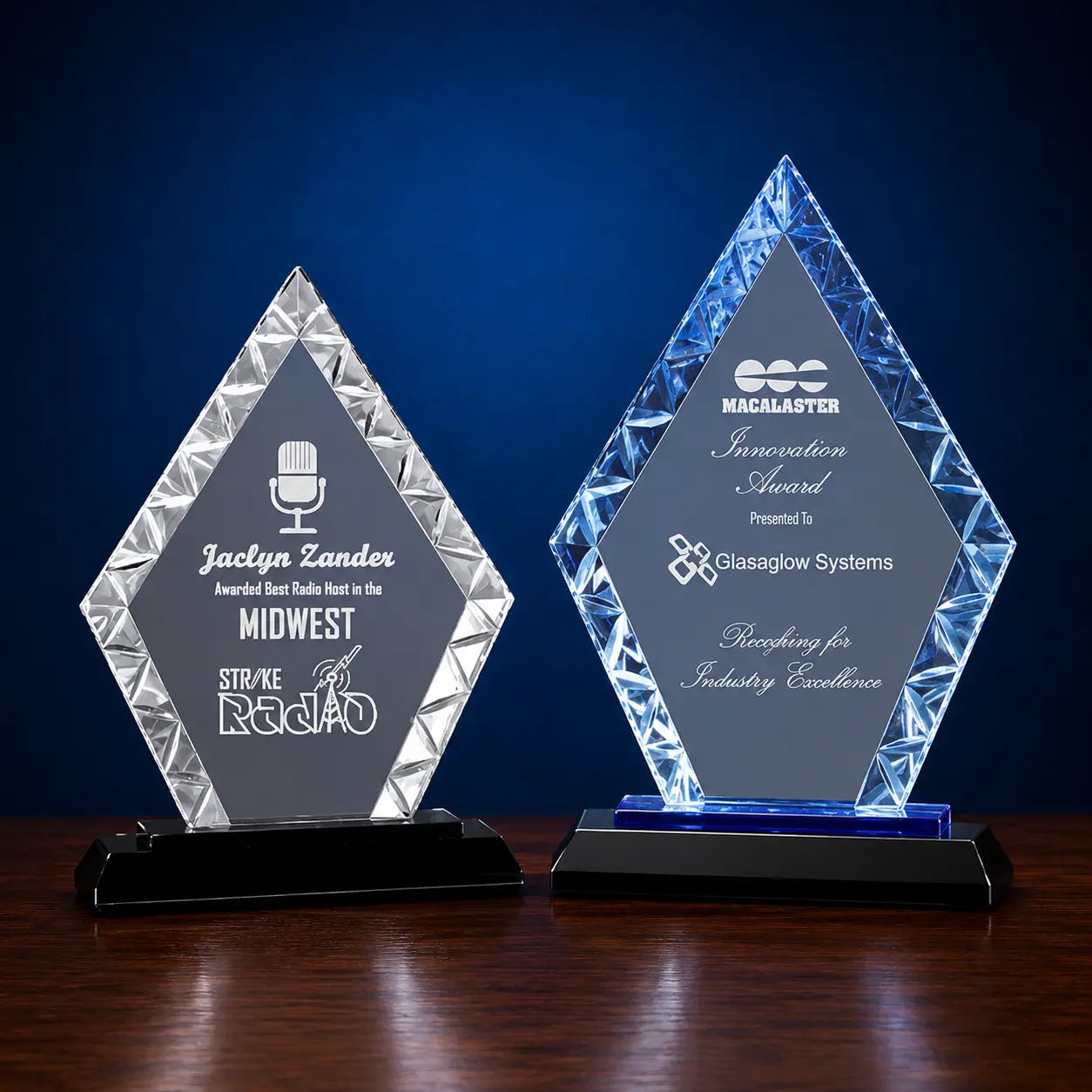 Personalized Diamond Accent Glass Award with Black or Blue Base | Custom Engraved Recognition Award  Sams Engraving and Gifts