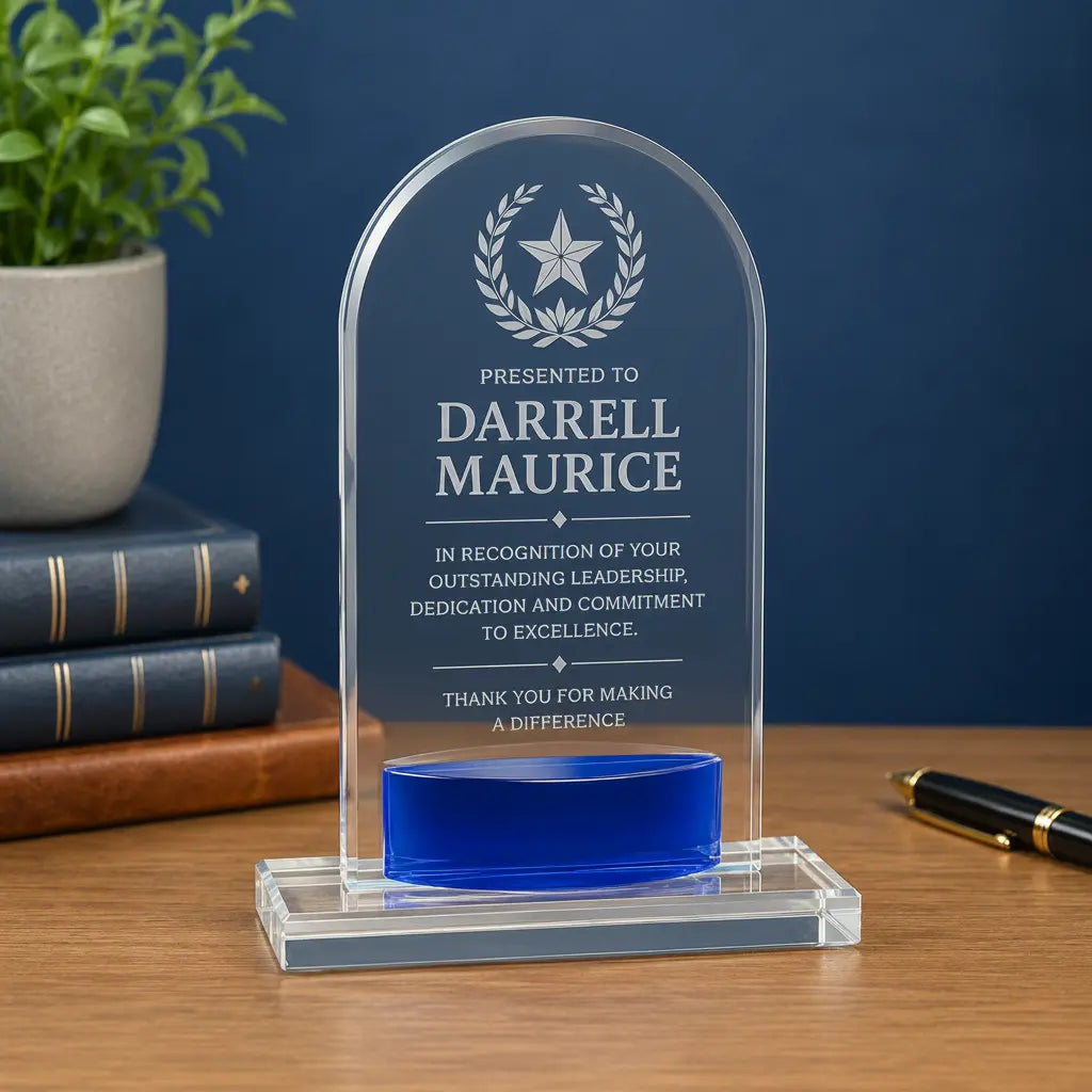 Personalized Crystal Arch Award with Blue Accent | Custom Engraved Recognition Award  Sams Engraving and Gifts