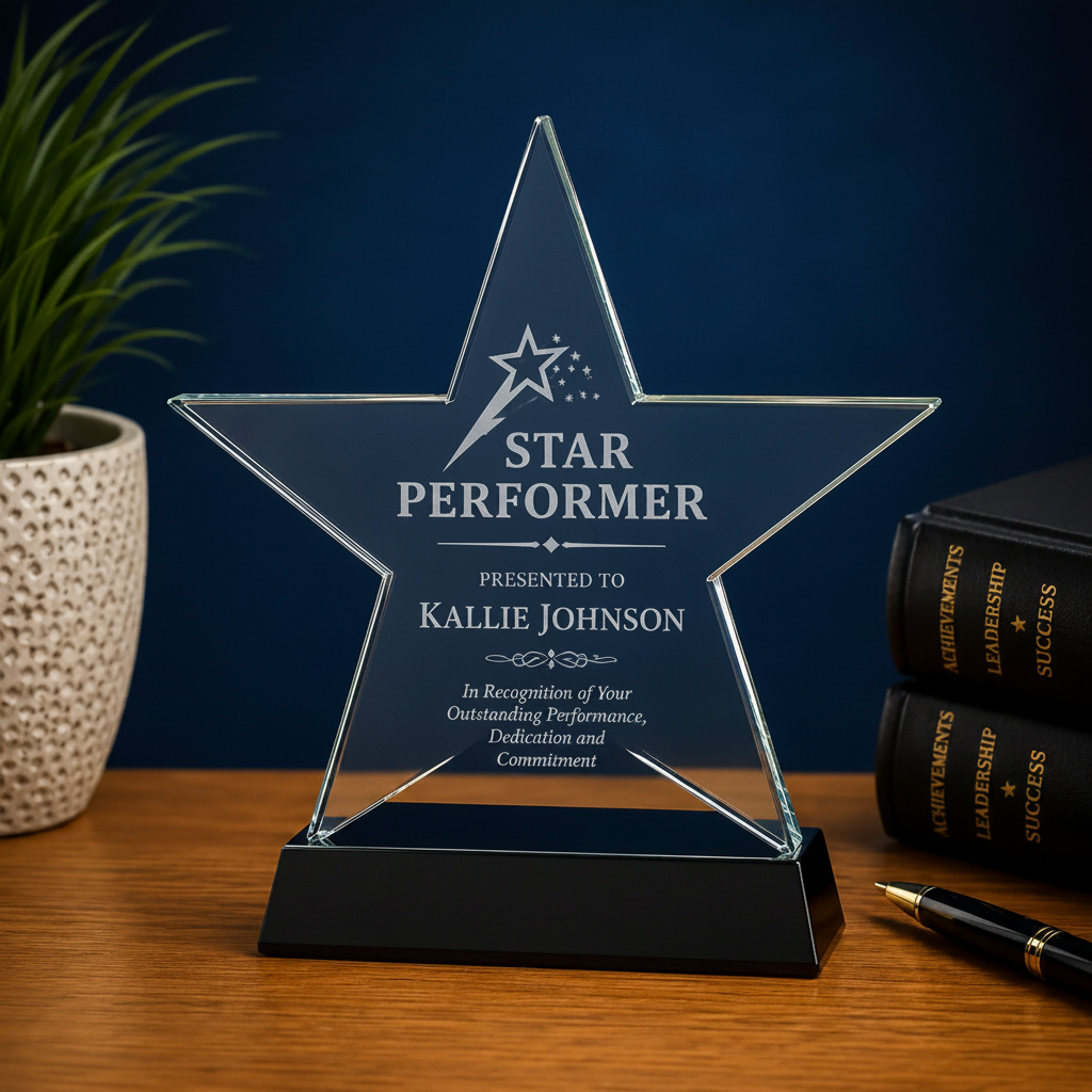 Personalized Glass Star Award with Black Base | Custom Engraved Recognition Award  Sams Engraving and Gifts