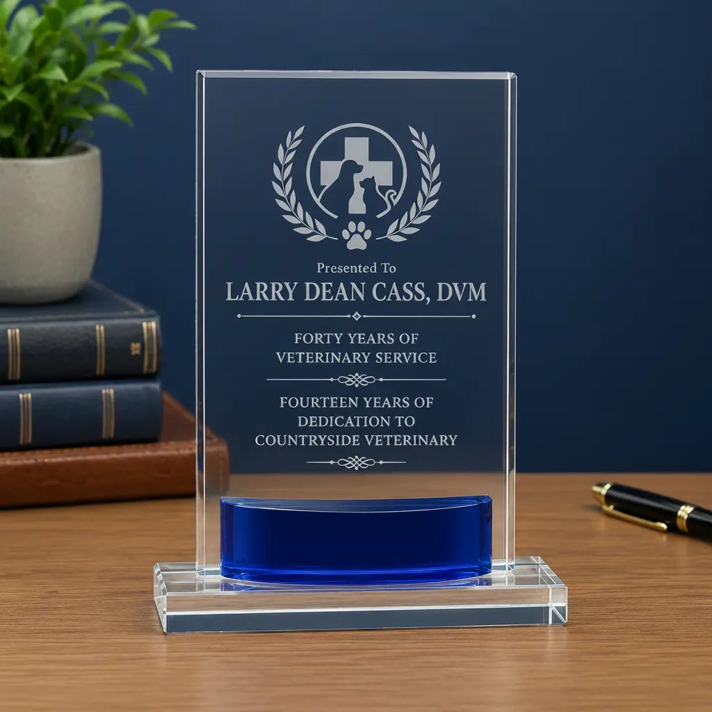 Personalized Rectangle Crystal Award with Blue Accent | Custom Engraved Recognition Award  Sams Engraving and Gifts