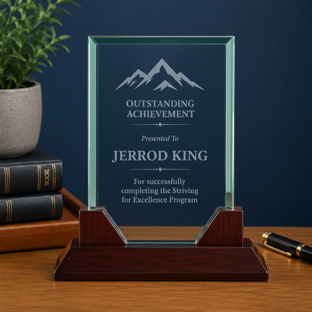 Personalized Rectangle Prestige Glass Award with Rosewood Base | Custom Engraved Recognition Award  Sams Engraving and Gifts