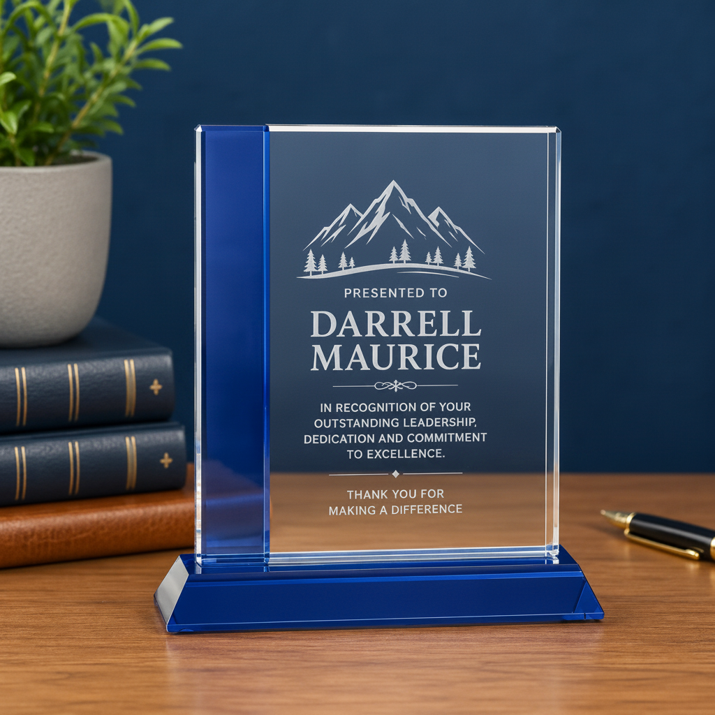 Personalized Blue Edge Crystal Award on Blue Base | Custom Engraved Recognition Award  Sams Engraving and Gifts