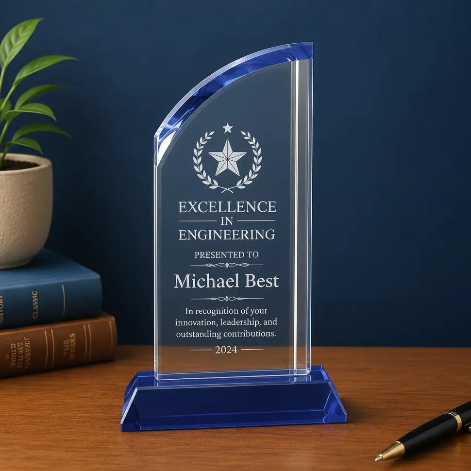 Personalized Crystal Arch Award with Blue Base | Custom Engraved Recognition Award  Sams Engraving and Gifts