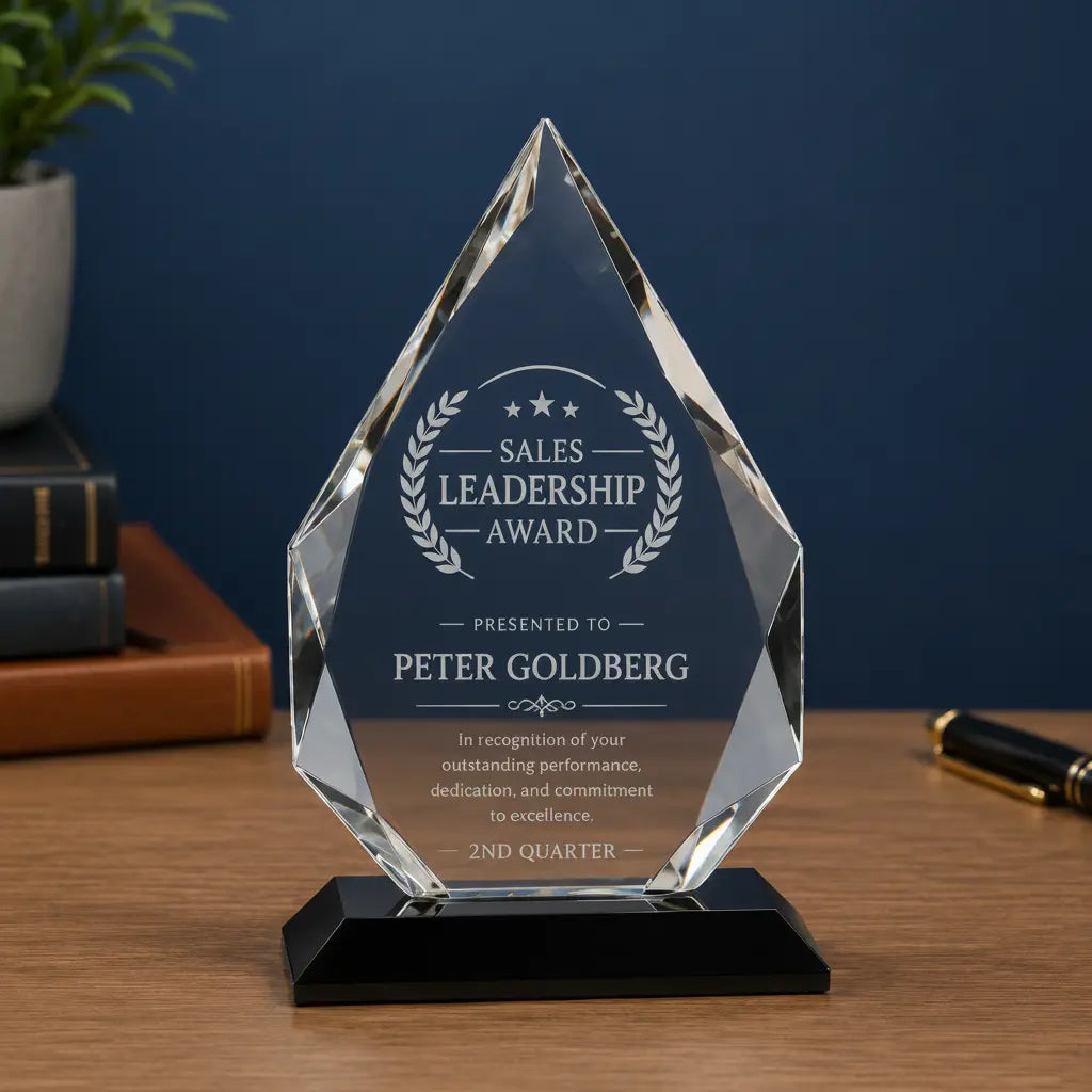 Personalized Diamond Crystal Award with Black Pedestal Base | Custom Engraved Recognition Award  Sams Engraving and Gifts