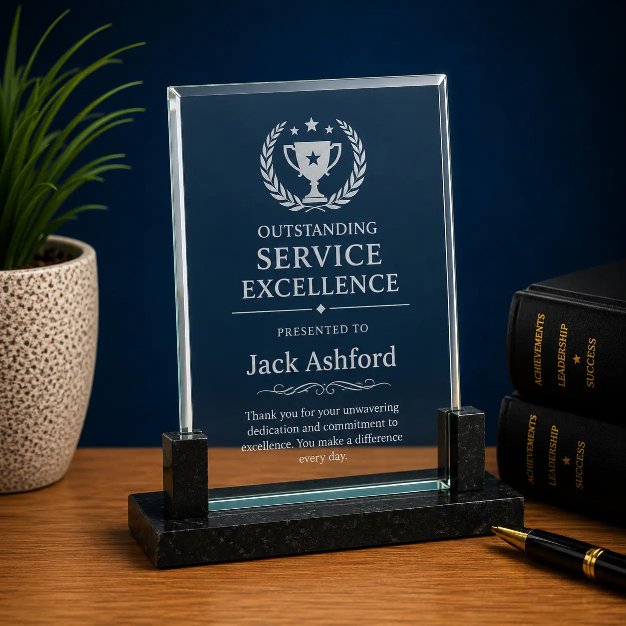 Personalized Rectangle Glass Award with Black Marble Base | Custom Engraved Recognition Award  Sams Engraving and Gifts