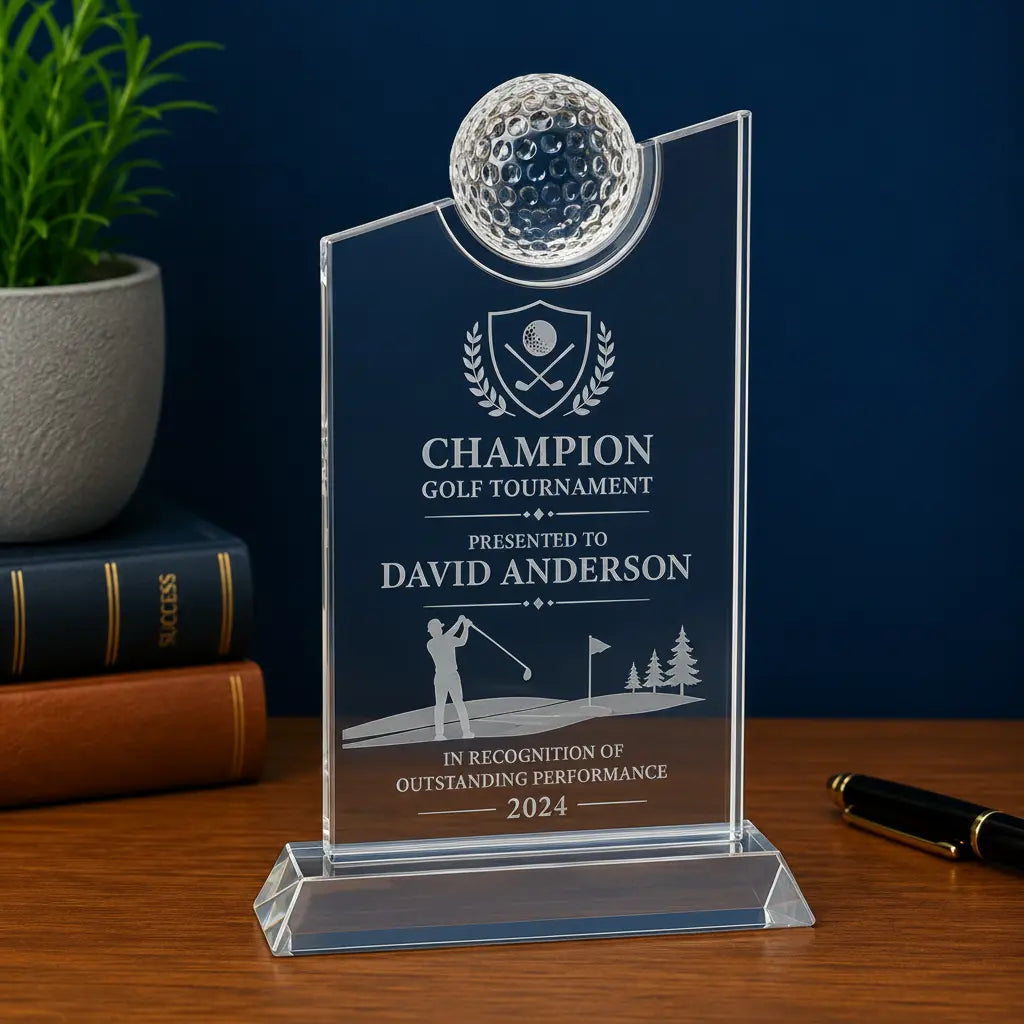 Personalized Crystal Golf Tablet Award with Inset Golf Ball | Custom Engraved Recognition Award  Sams Engraving and Gifts