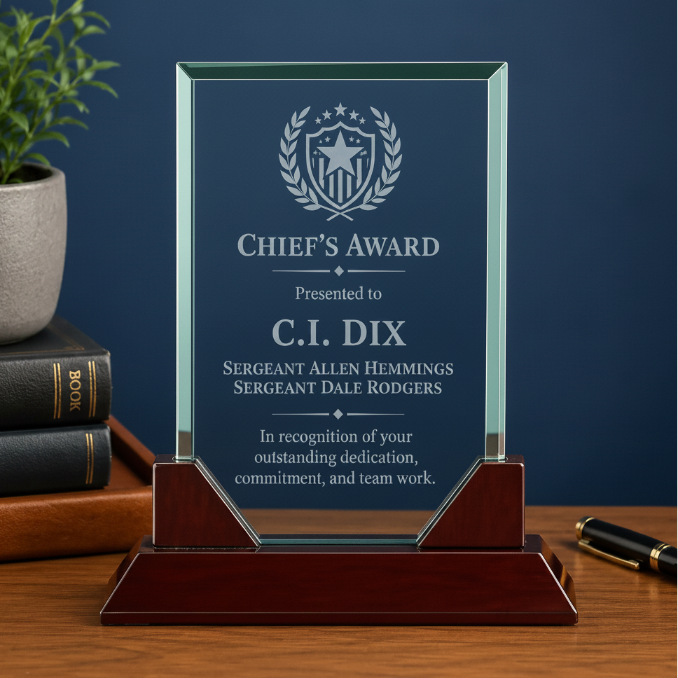 Personalized Rectangle Prestige Glass Award with Rosewood Base | Custom Engraved Recognition Award  Sams Engraving and Gifts