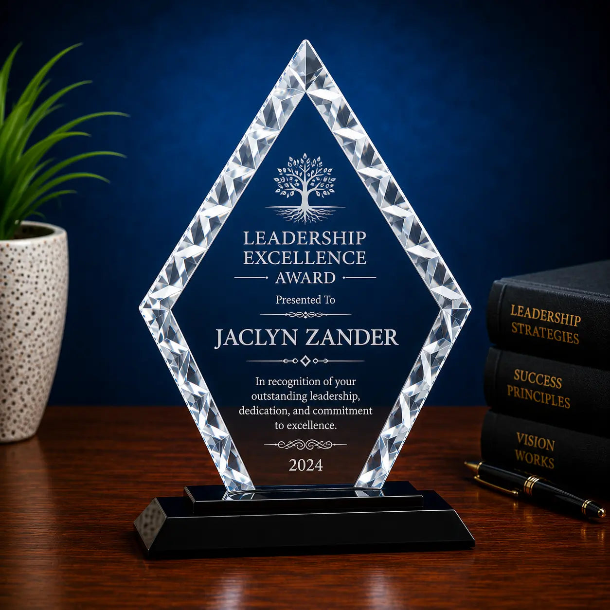 Personalized Diamond Accent Glass Award with Black or Blue Base | Custom Engraved Recognition Award  Sams Engraving and Gifts