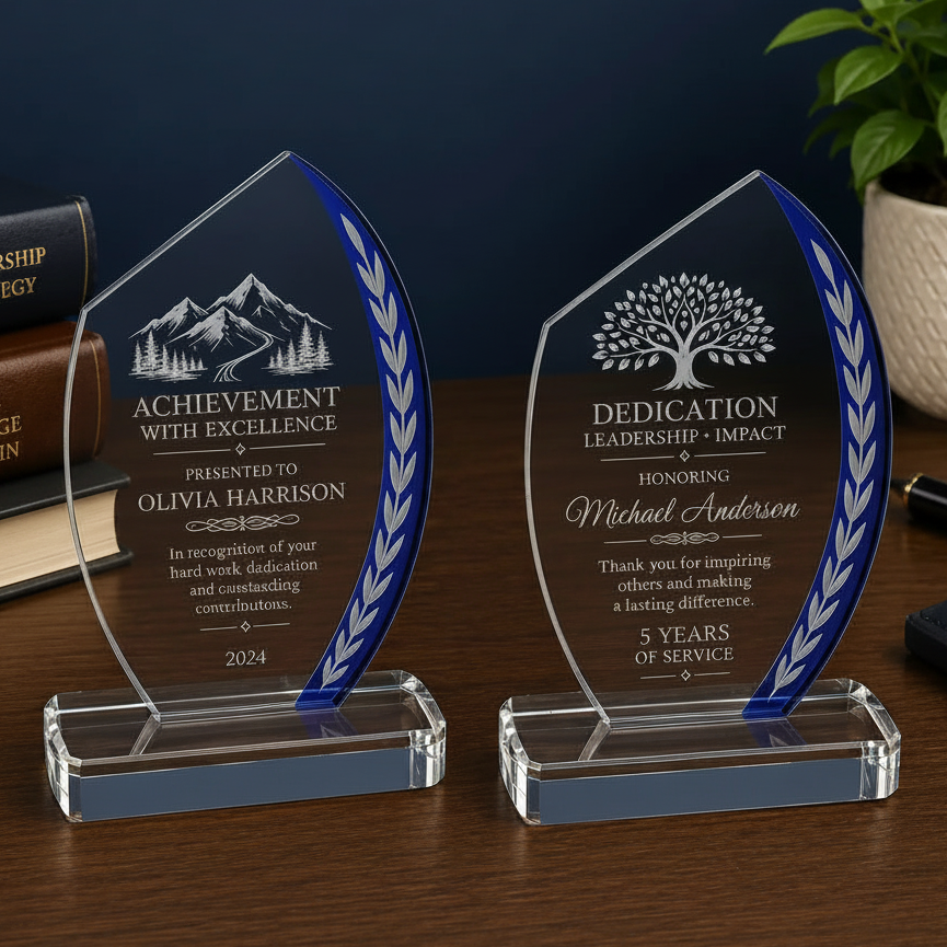 Personalized Blue Slant Oval Edge Glass Award | Custom Engraved Recognition Award  Sams Engraving and Gifts
