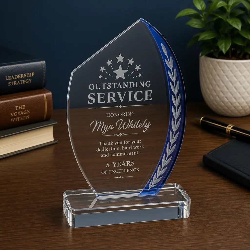 Personalized Blue Slant Oval Edge Glass Award | Custom Engraved Recognition Award  Sams Engraving and Gifts