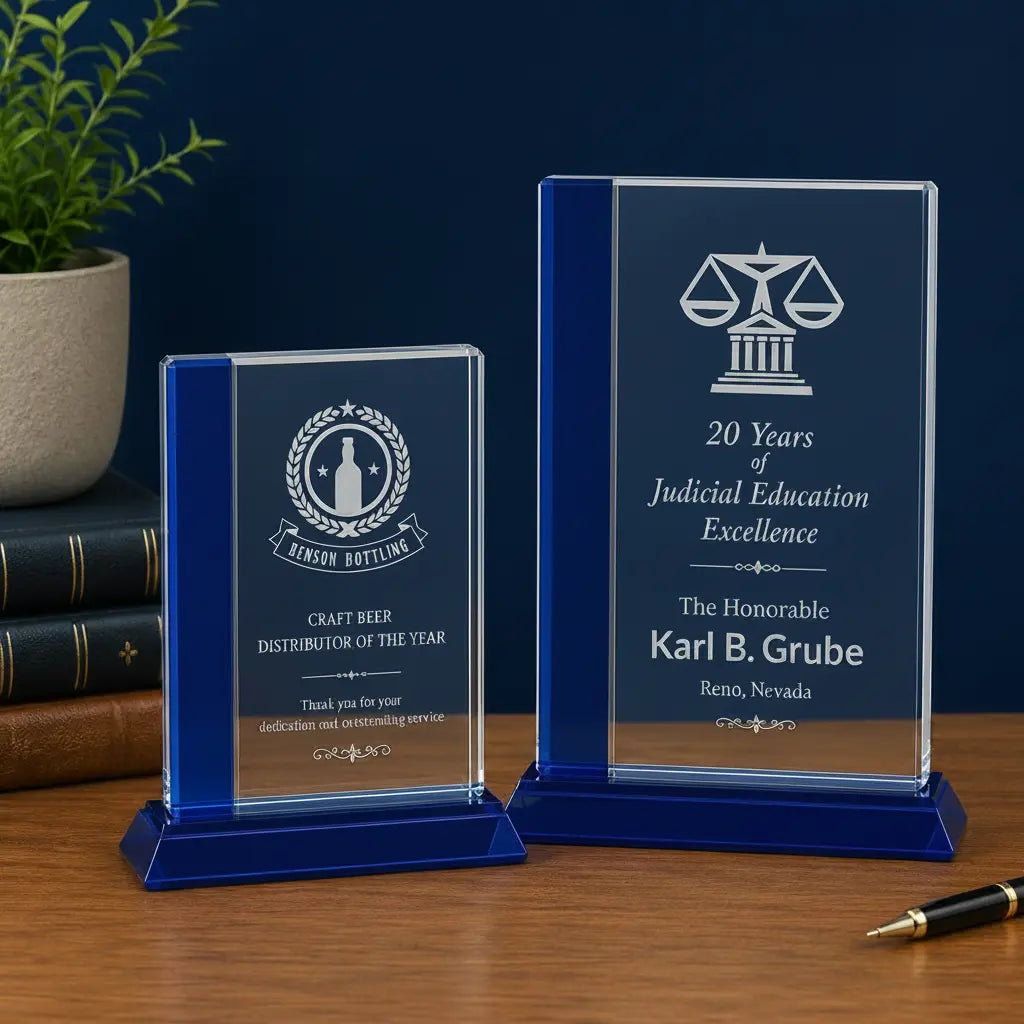 Personalized Blue Edge Crystal Award on Blue Base | Custom Engraved Recognition Award  Sams Engraving and Gifts