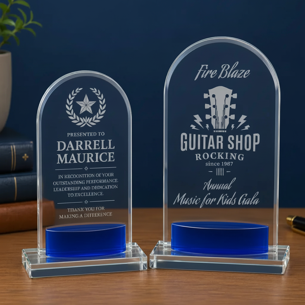 Personalized Crystal Arch Award with Blue Accent | Custom Engraved Recognition Award  Sams Engraving and Gifts