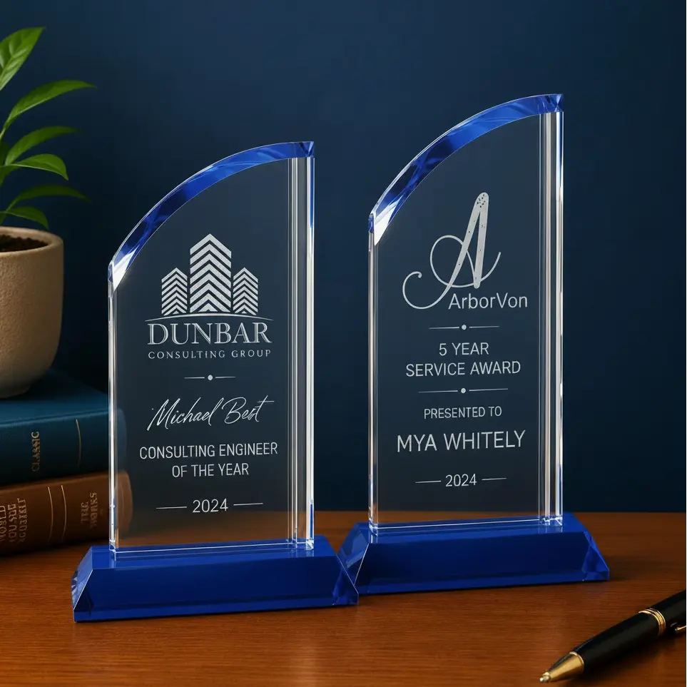 Personalized Crystal Arch Award with Blue Base | Custom Engraved Recognition Award  Sams Engraving and Gifts