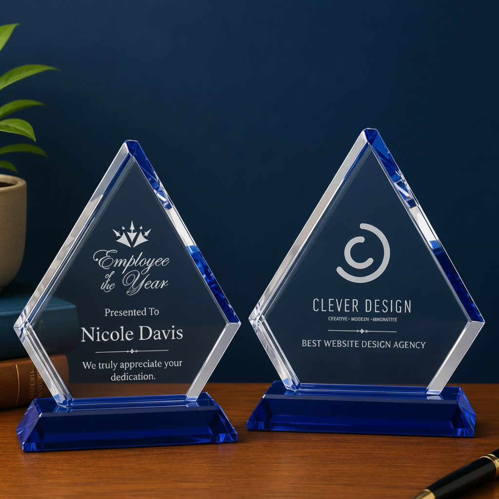 Personalized Crystal Diamond Award with Blue Pedestal Base | Custom Engraved Recognition Award  Sams Engraving and Gifts
