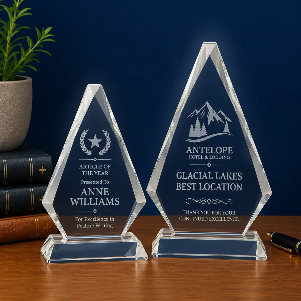 Personalized Crystal Triangle Award on Clear Pedestal Base | Custom Engraved Recognition Award  Sams Engraving and Gifts