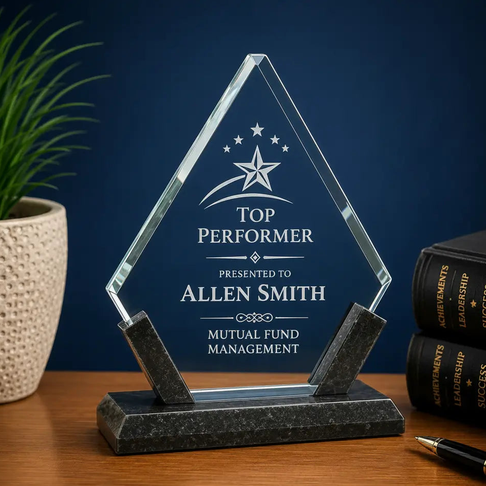 Personalized Diamond Glass Award with Black Marble Base | Custom Engraved Recognition Award  Sams Engraving and Gifts