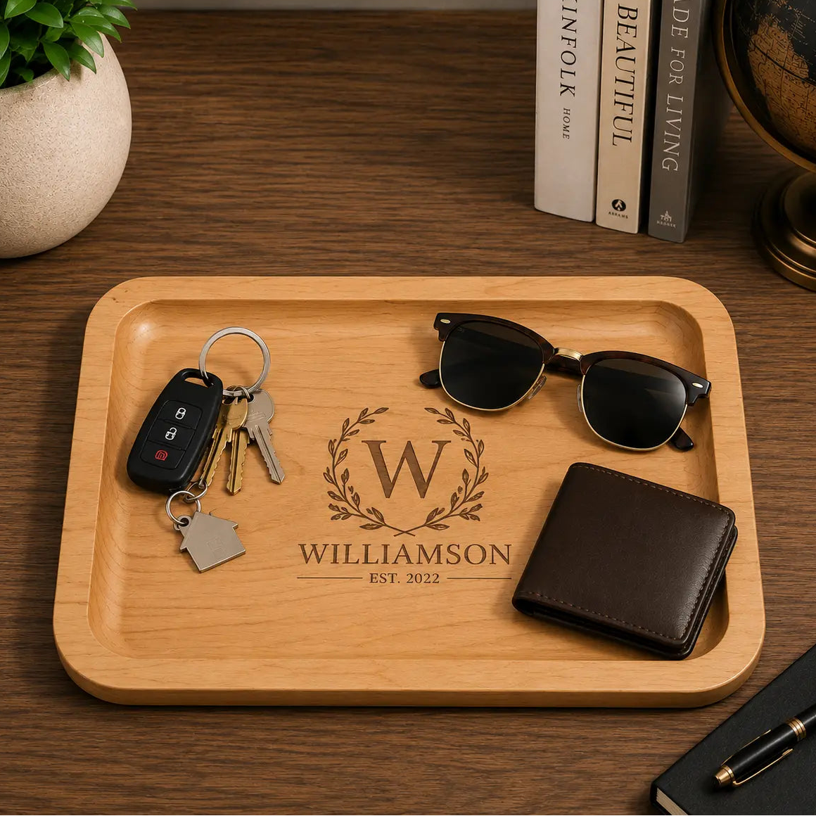 Personalized Engraved Alder Valet Tray | Custom Wooden Catchall Tray  Sams Engraving and Gifts