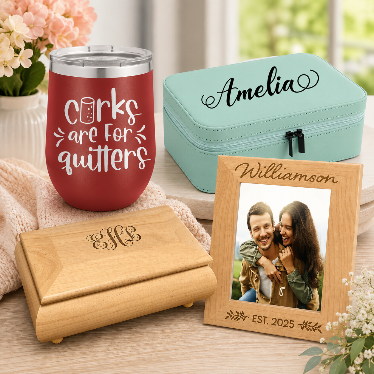 Collection image featuring personalized gifts for her including an engraved wine tumbler, custom jewelry travel case, engraved wooden keepsake box, and personalized wooden picture frame displayed in a bright lifestyle setting.