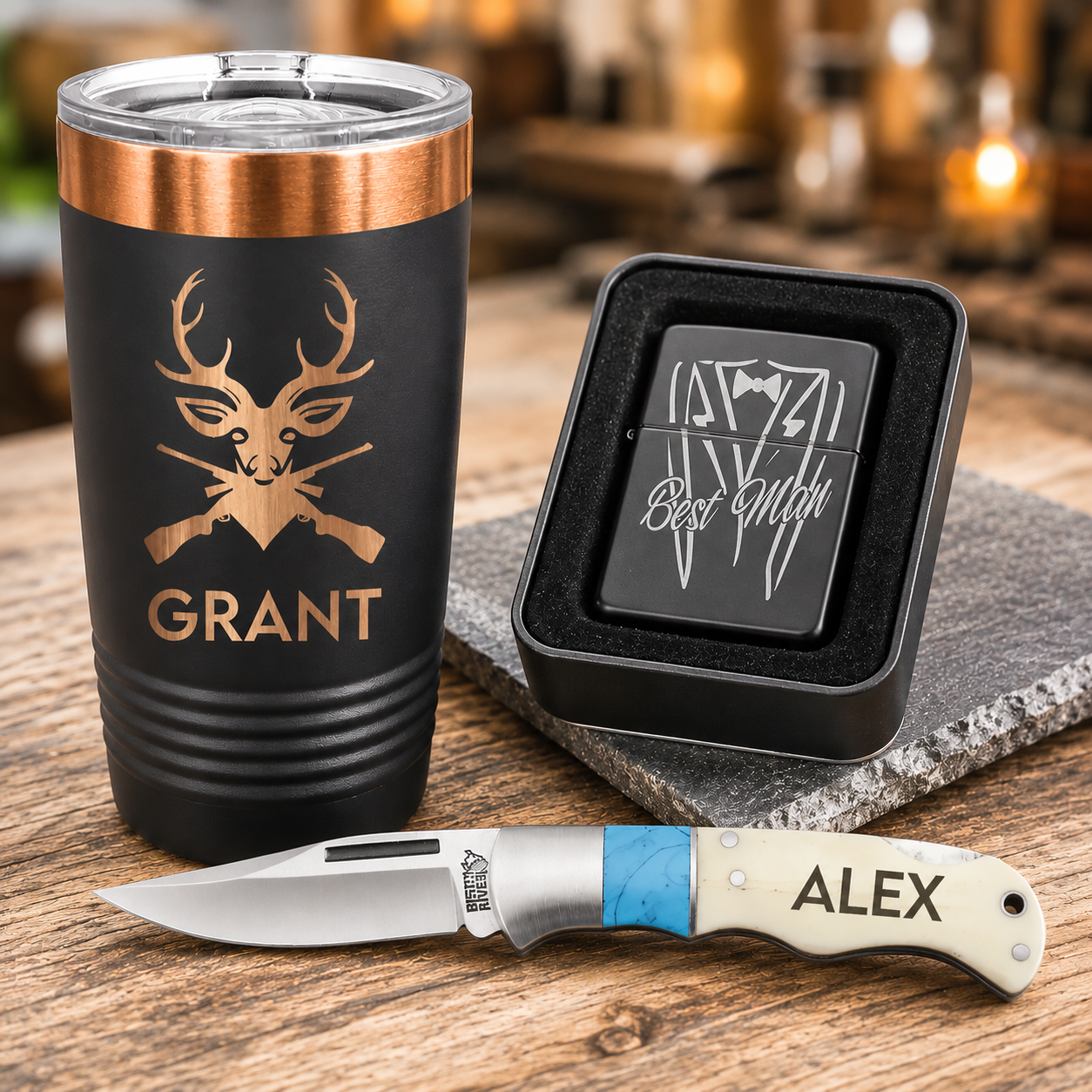 Collection image featuring a personalized engraved tumbler, custom engraved lighter, and engraved folding knife displayed on a rustic wood surface, perfect for gifts for him, groomsmen, birthdays, Father's Day, and special occasions.