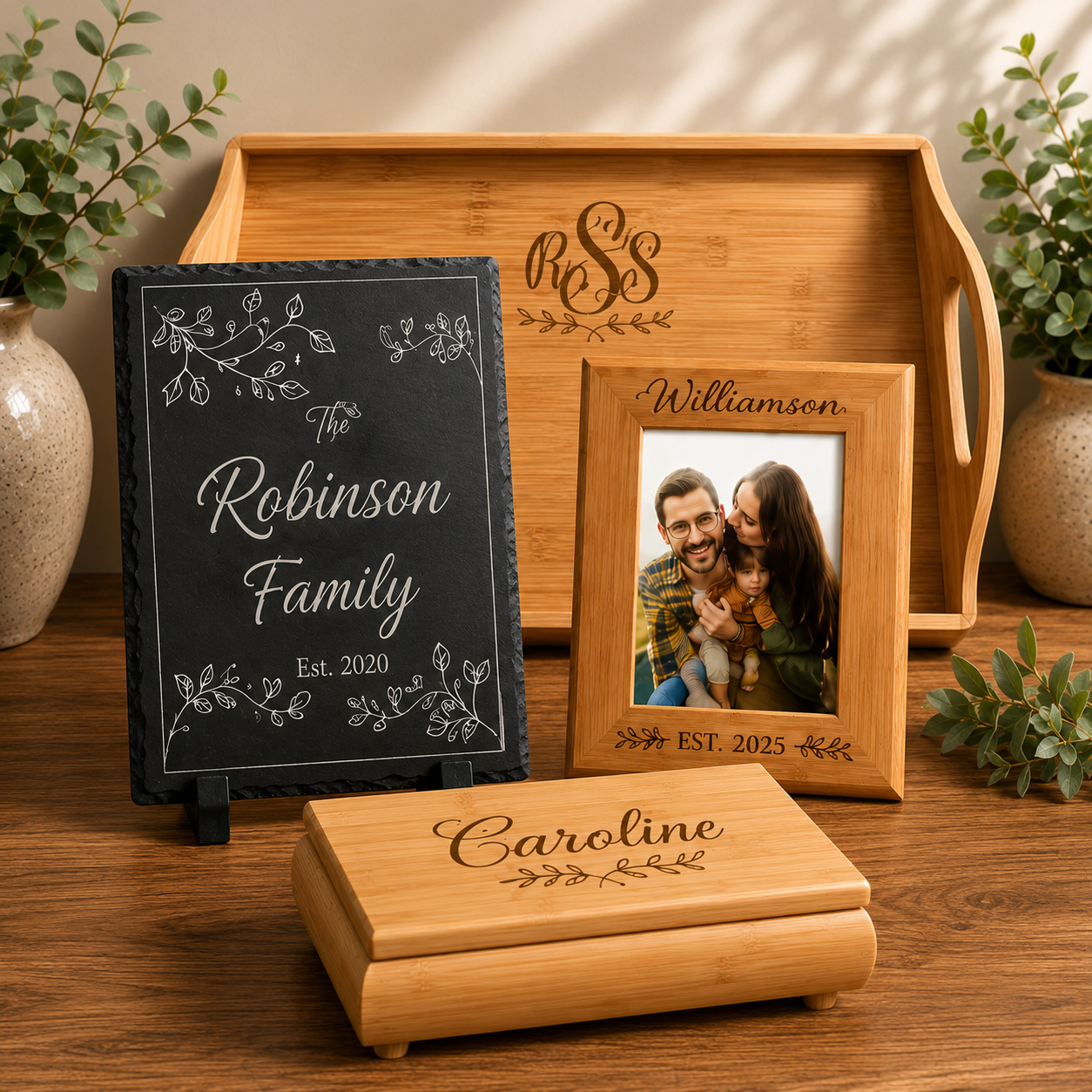 Collection image featuring personalized home décor including an engraved slate plaque, custom bamboo picture frame, engraved wooden keepsake box, and personalized serving tray displayed in a warm home setting.