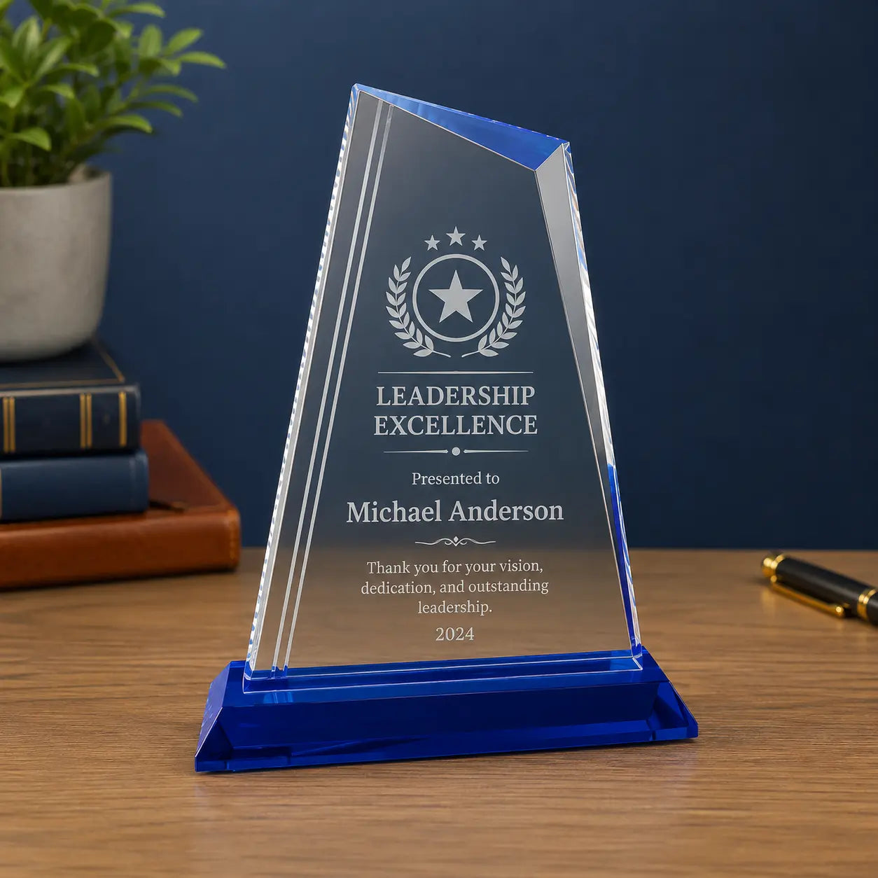 Personalized Crystal Peak Award with Blue Base | Custom Engraved Recognition Award  Sams Engraving and Gifts