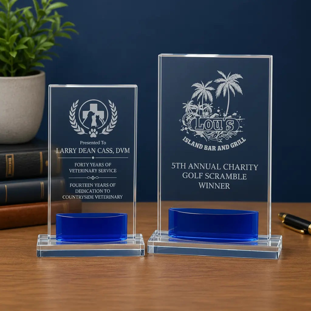 Personalized Rectangle Crystal Award with Blue Accent | Custom Engraved Recognition Award  Sams Engraving and Gifts