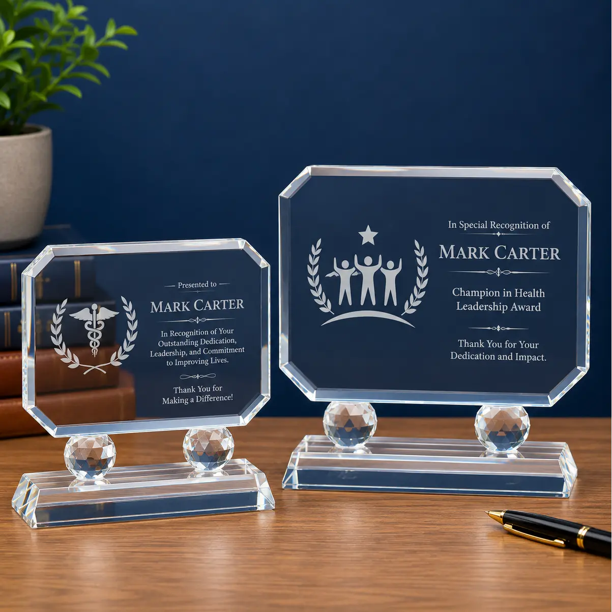Personalized Rectangle Crystal Award on Clear Pedestal Base | Custom Engraved Recognition Award  Sams Engraving and Gifts