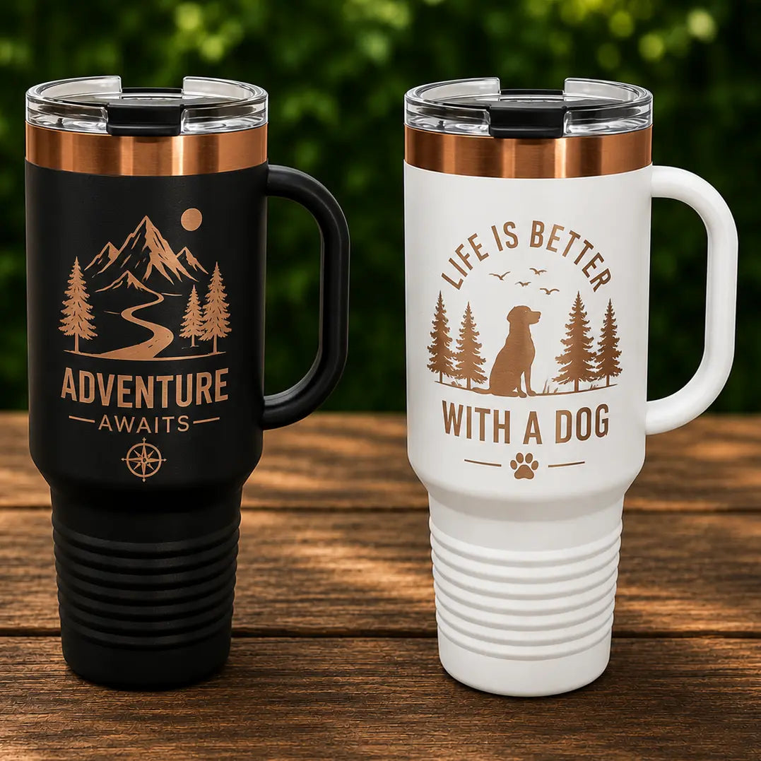 Personalized 40 oz. Ion Plated Rose Gold Travel Mug with Handle & Straw | Custom Engraved Tumbler  Sams Engraving and Gifts