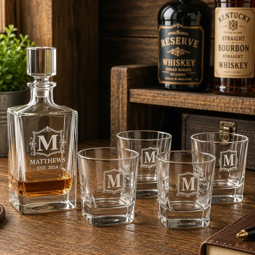 Personalized Polar Camel 810 mL Rectangle Glass Decanter Set with Four 8 oz. Rocks Glasses | Custom Laser Engraved Gift Set  Sams Engraving and Gifts